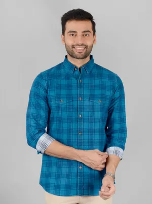 Sapphire Blue Checked Slim Fit Casual Shirt | JadeBlue