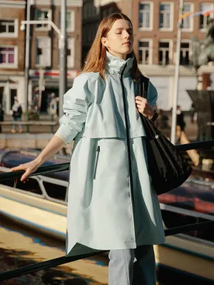 Sea Blue Hoodie Silm Trench Coat