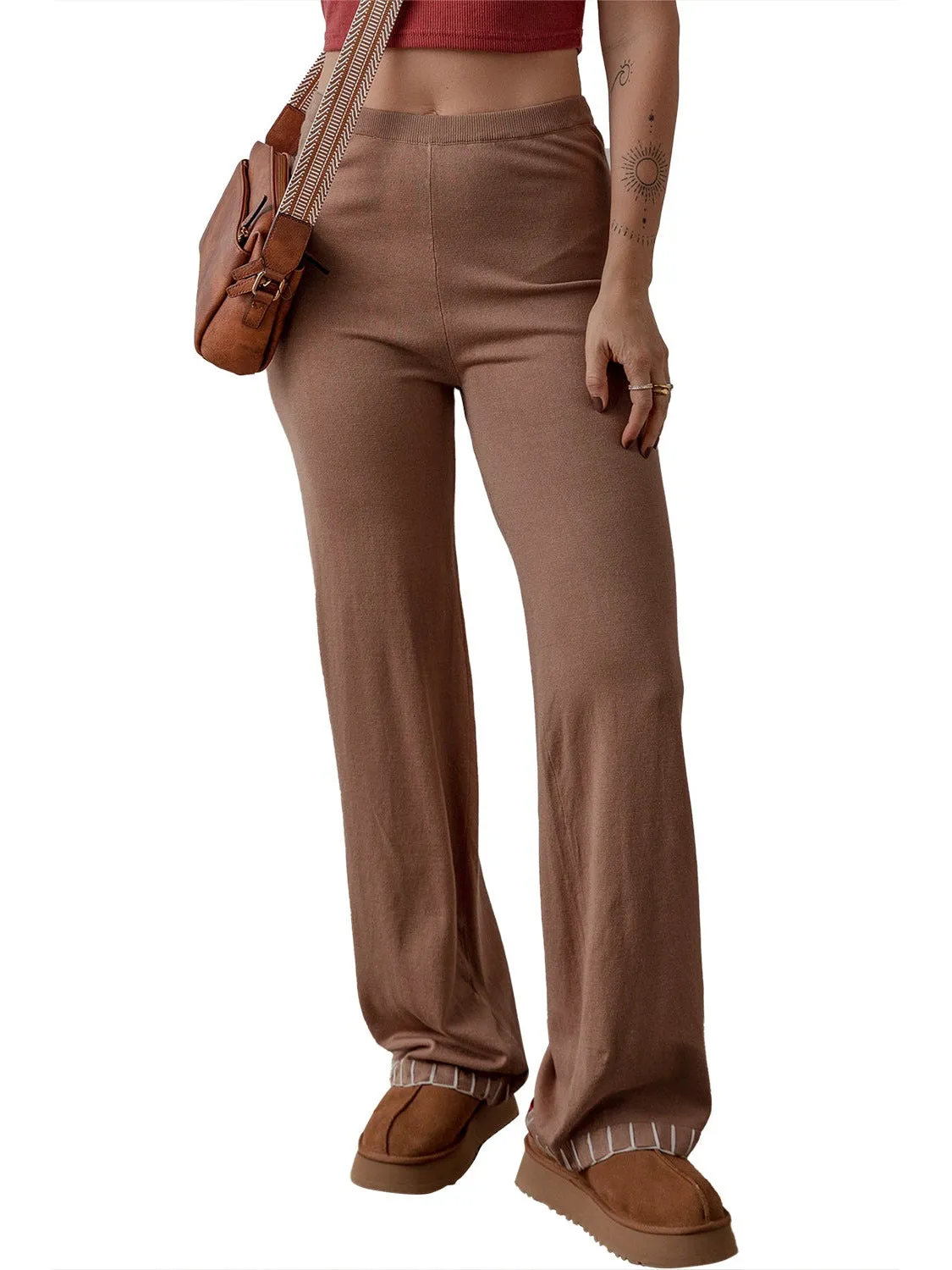 Straw Yellow High Waist Straight Leg Knitted Pants