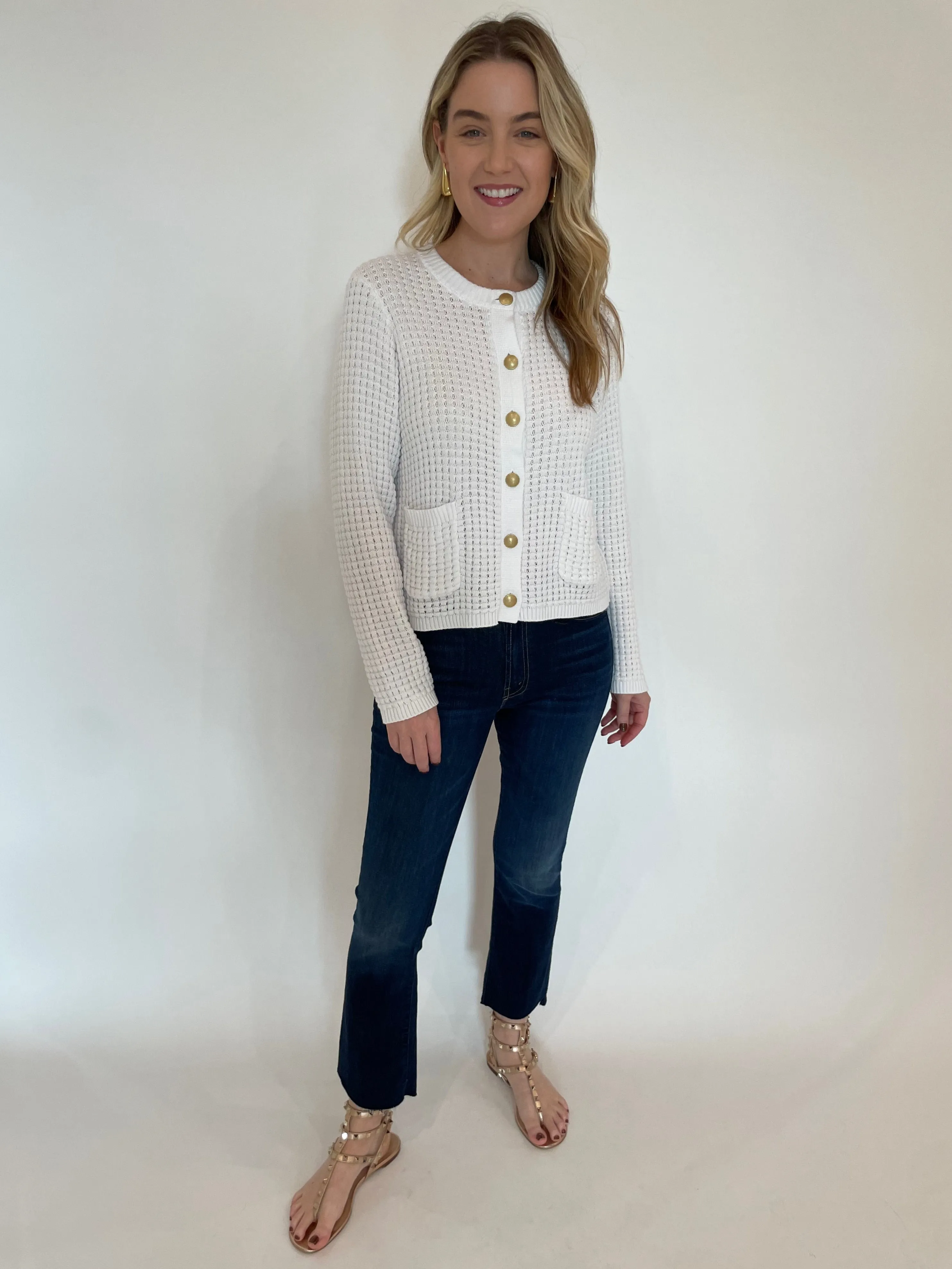 Textured Button Cardigan - White