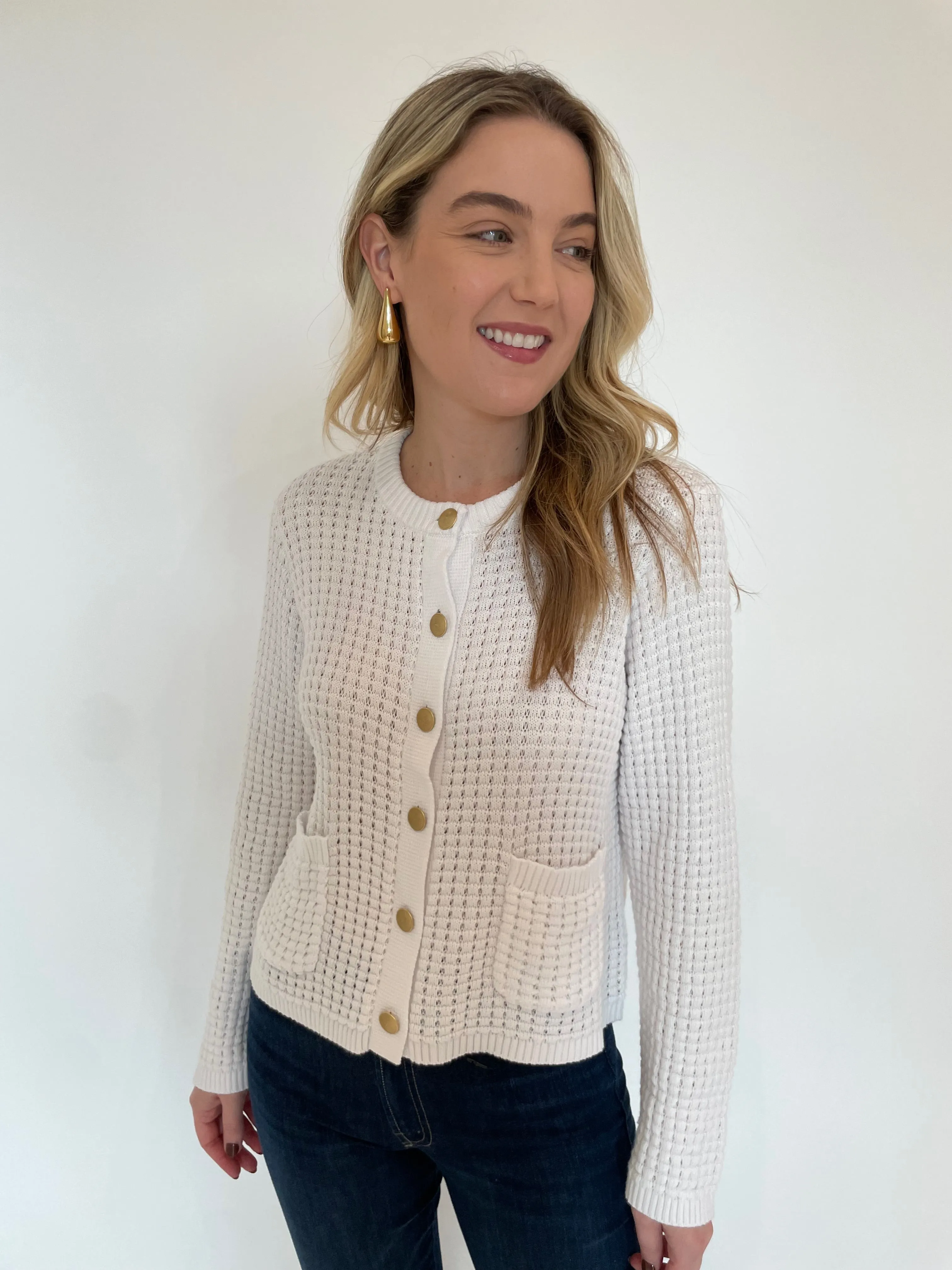 Textured Button Cardigan - White