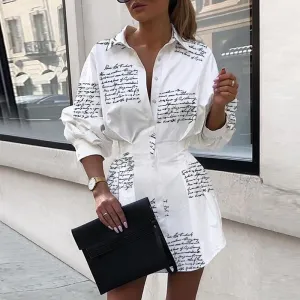 White Letter Print Mini Shirt Dress