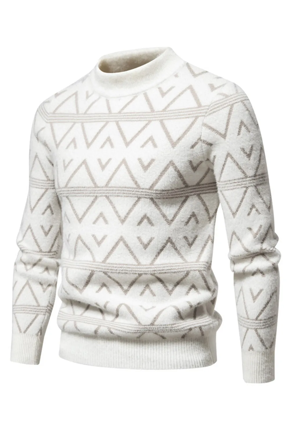 White Men's Round Neck Striped Print Pullover Sweater