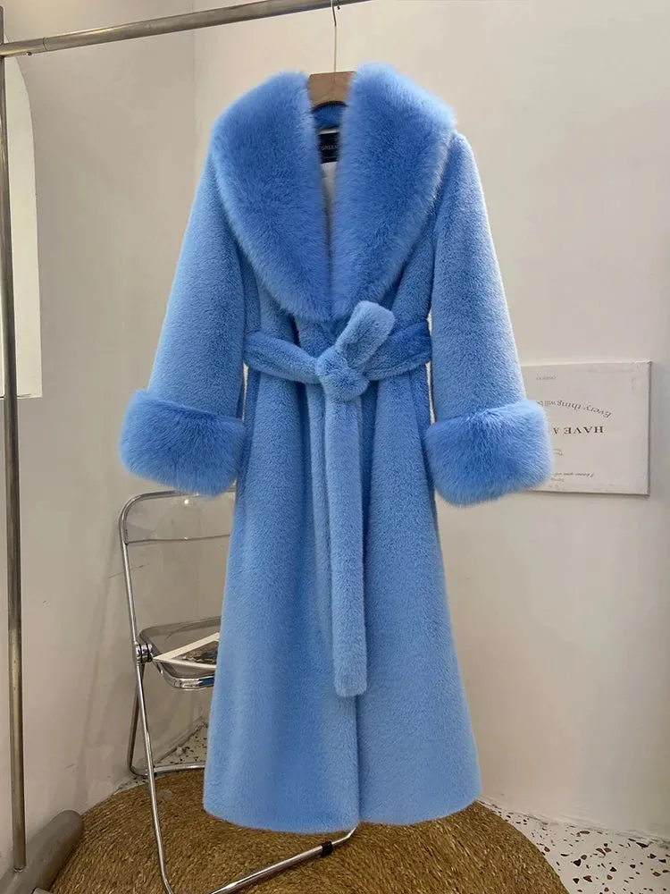 Women's Luxe Long Coat with Faux Fur Collar & Cuffs