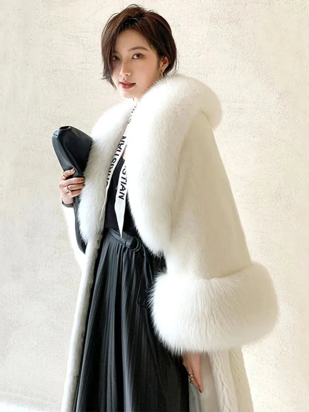 Women's Luxe Long Coat with Faux Fur Collar & Cuffs