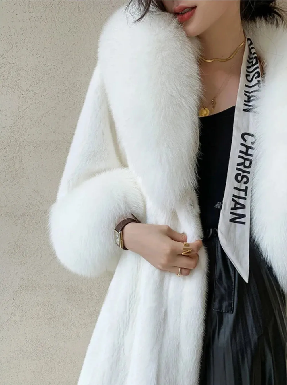 Women's Luxe Long Coat with Faux Fur Collar & Cuffs