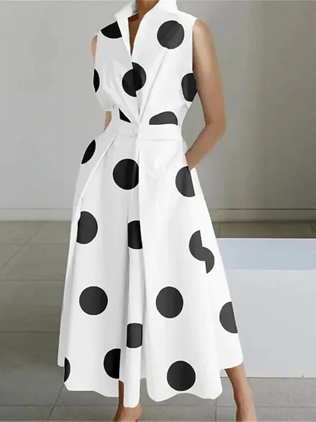 Women's Shirt Dress Casual Dress Swing Dress Maxi long Dress Outdoor Office Daily Satin Fashion Modern Shirt Collar Button Pocket Sleeveless Summer Spring 2023 Regular Fit Black White Green Polka Dot