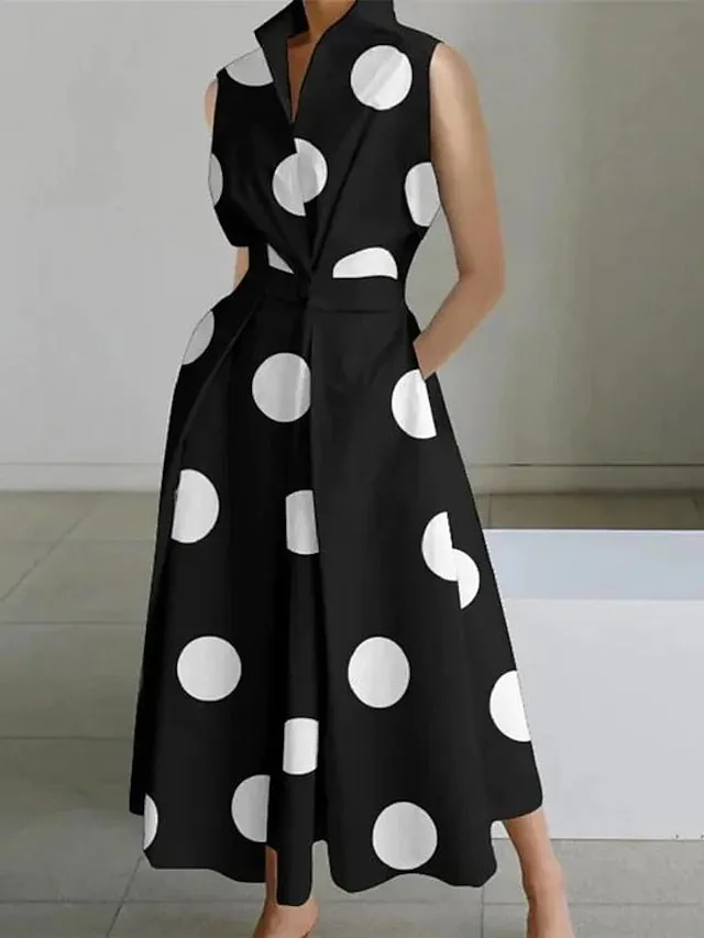 Women's Shirt Dress Casual Dress Swing Dress Maxi long Dress Outdoor Office Daily Satin Fashion Modern Shirt Collar Button Pocket Sleeveless Summer Spring 2023 Regular Fit Black White Green Polka Dot