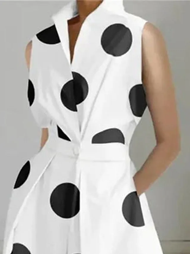 Women's Shirt Dress Casual Dress Swing Dress Maxi long Dress Outdoor Office Daily Satin Fashion Modern Shirt Collar Button Pocket Sleeveless Summer Spring 2023 Regular Fit Black White Green Polka Dot