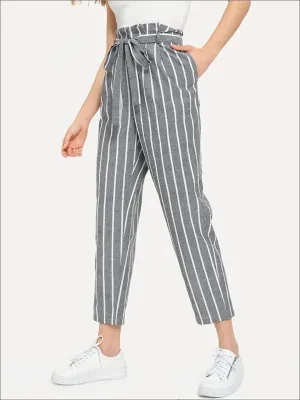 Women's Striped Belted Tapered Pants